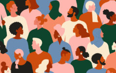 People of different genders and ethnicities in an illustrated crowd