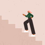 Female leaders flourish despite DEI backlash: Story of the Year Illustration of a businesswoman climbing a set of stairs