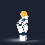 Robot hand holding dollar coin,vector illustration of the artificial intelligence or Ai modern technology and financial empowerment. AI money