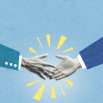 Dealmaking trudges on in stops and starts: Story of the Year Illustration of two businesspeople shaking hands
