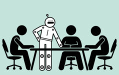 Artificial intelligence robot at the boardroom table theme image