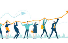 Illustration of a group of people holding up a graph arrow