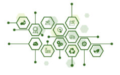 green icons in hexagons representing themes of energy transition, the circular economy, and environmentalism