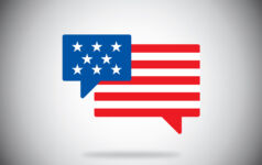 The US flag, deconstructed into two separated speech bubbles, one blue with stars, the other red with stripes