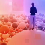 How will emerging managers fare in a consolidating market? Woman standing on a sphere amid a multitude of other spheres, for the Private MArkets 2030 Industry Consolidation theme
