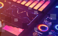 Modelling public-private exposure Two business people stand before several graphs and maps of the world, for the Private Markets 2030 Public Markets theme