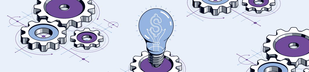 Banner for the PEI Private Wealth 2025 special report, with cogs and bulbs in light blue and purple